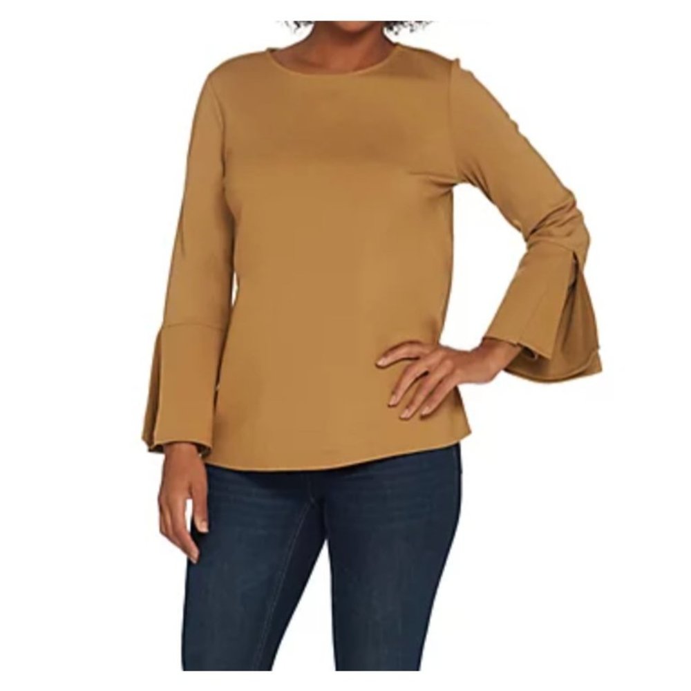 Martha Stewart Ponte Top w/ Bracelet Bell Sleeves Bronze Small